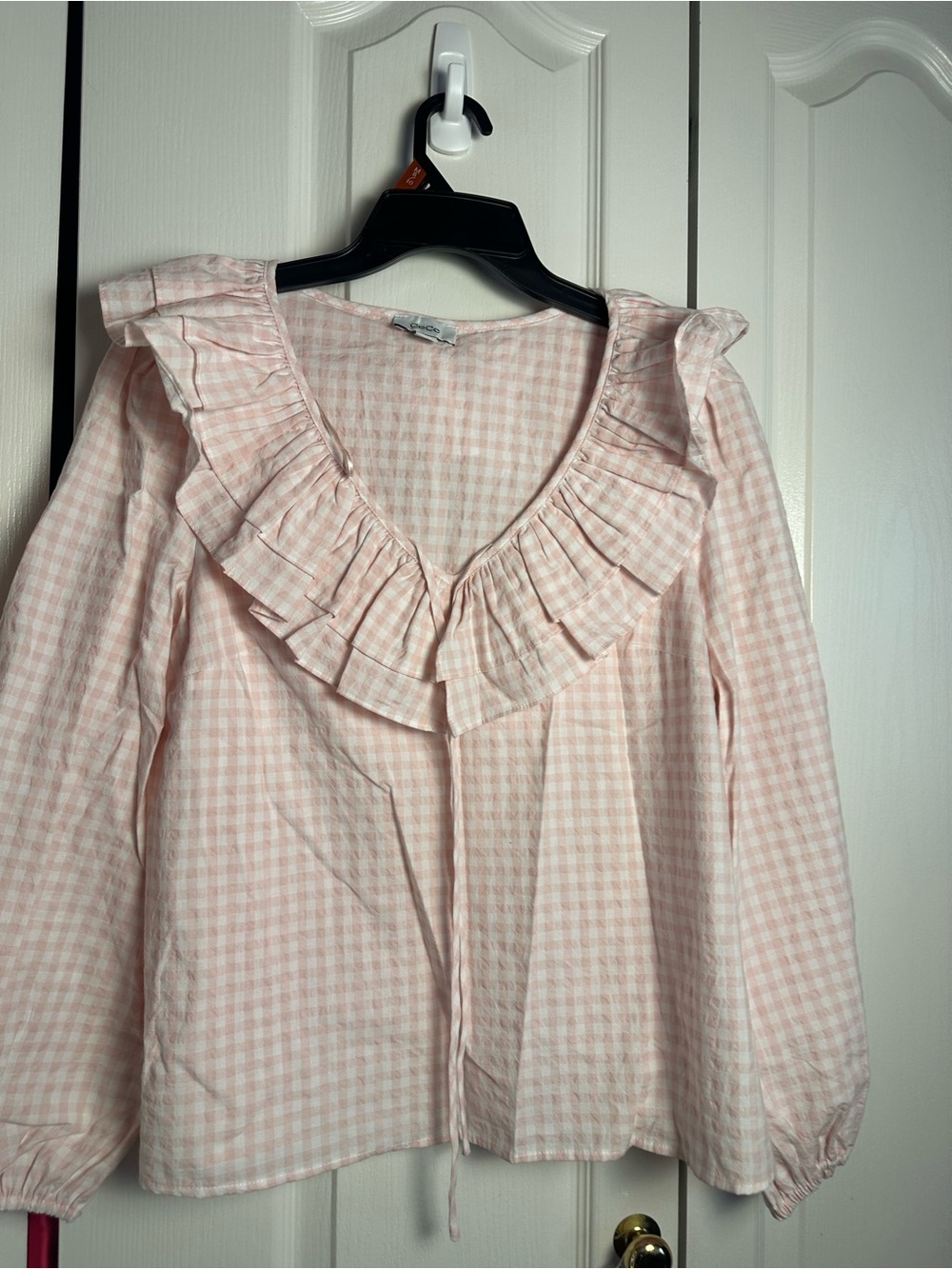 CeCe Light Pink Gingham Ruffle-Trim Tie-Front Blouse